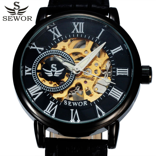 SEWOR Luxury Skeleton Mechanical Watch with Leather Strap