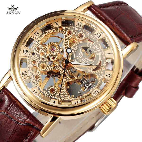 SEWOR Luxury Gold Transparent Mechanical Watch with Leather Strap