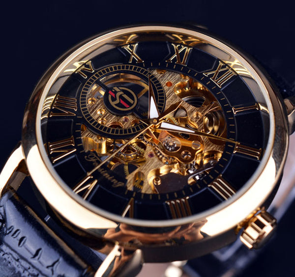 Forsining 3D Logo Design Hollow Engrave Mechanical Watch with Leather Strap