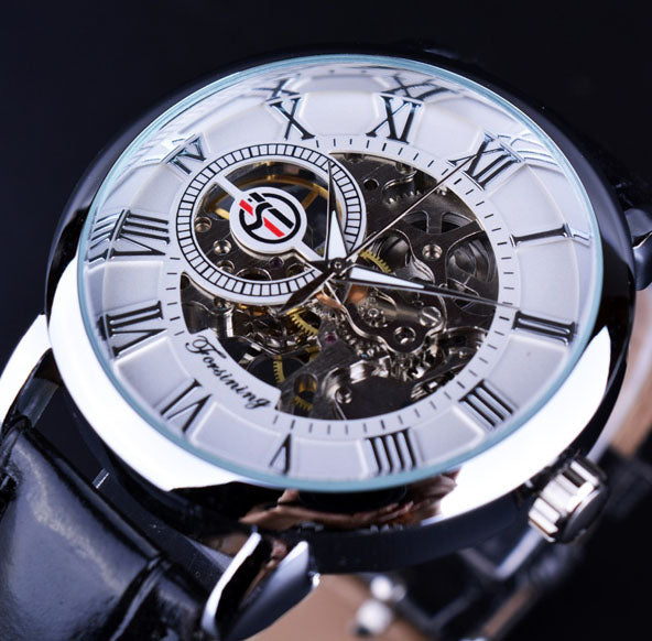 Forsining 3D Logo Design Hollow Engrave Mechanical Watch with Leather Strap