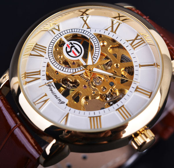 Forsining 3D Logo Design Hollow Engrave Mechanical Watch with Leather Strap