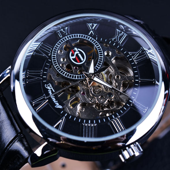 Forsining 3D Logo Design Hollow Engrave Mechanical Watch with Leather Strap