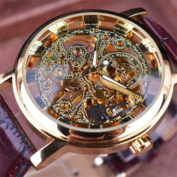 Winner Royal Carving Skeleton Mechanical Watch with Leather Strap