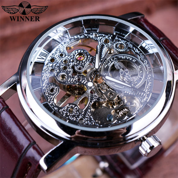 Winner Royal Carving Skeleton Mechanical Watch with Leather Strap