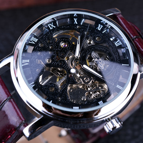 Winner Royal Carving Skeleton Mechanical Watch with Leather Strap