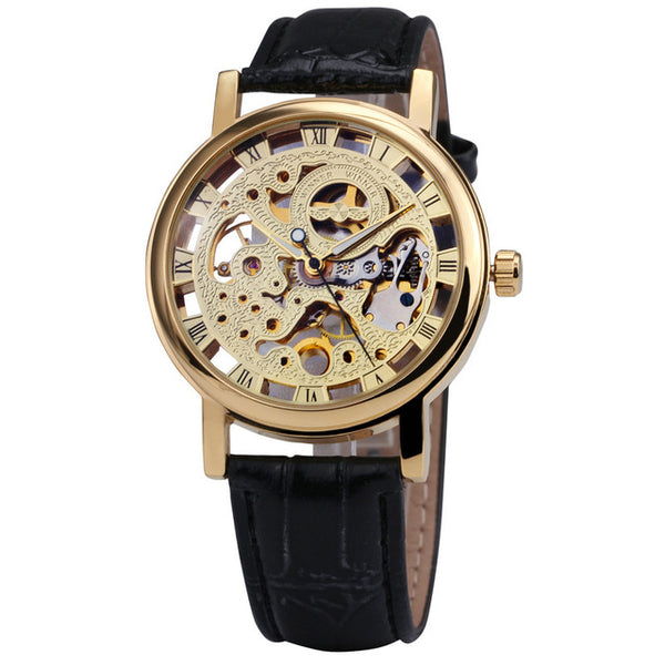 Winner Classic Gold Elegant Mechanical Watch with Leather Strap