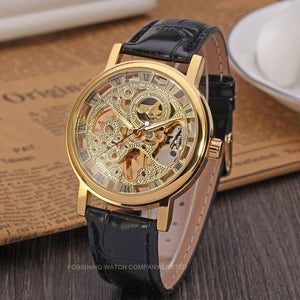 Winner Golden Skeleton Mechanical Watch with Leather Strap