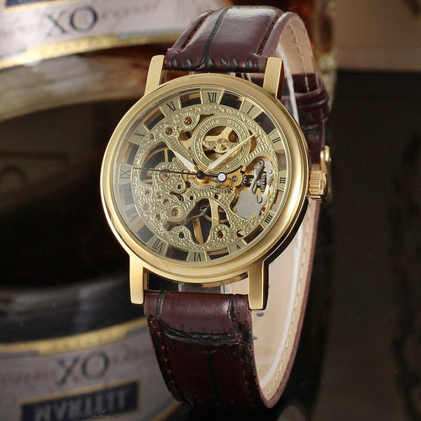 Winner Golden Skeleton Mechanical Watch with Leather Strap