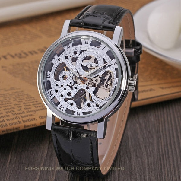 Winner Golden Skeleton Mechanical Watch with Leather Strap