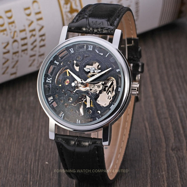 Winner Golden Skeleton Mechanical Watch with Leather Strap