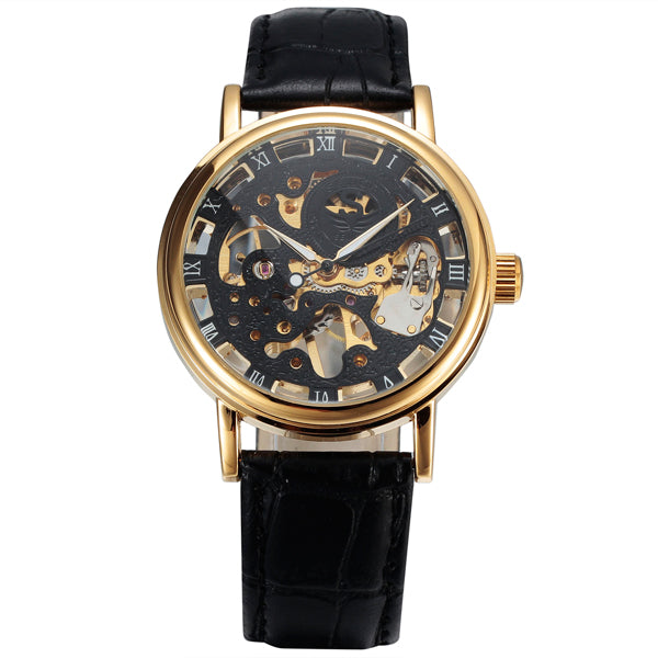 SEWOR Luxury Gold Transparent Mechanical Watch with Leather Strap