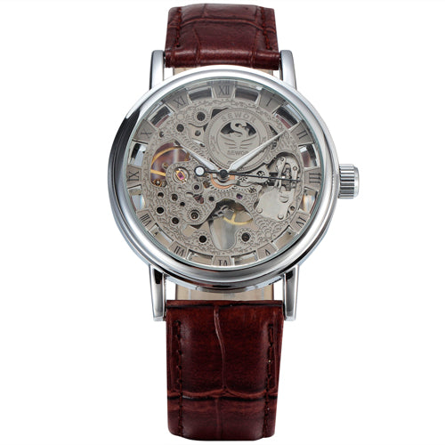 SEWOR Luxury Gold Transparent Mechanical Watch with Leather Strap