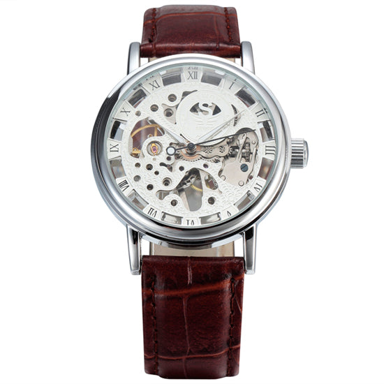 SEWOR Luxury Gold Transparent Mechanical Watch with Leather Strap