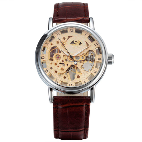 SEWOR Luxury Gold Transparent Mechanical Watch with Leather Strap