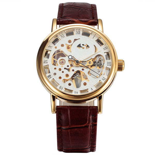 SEWOR Luxury Gold Transparent Mechanical Watch with Leather Strap