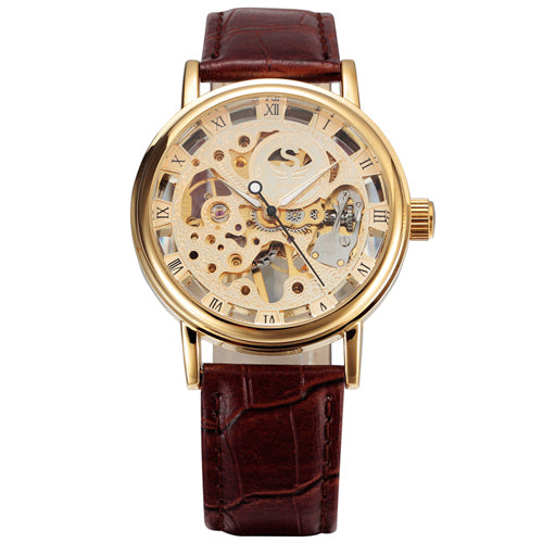 SEWOR Luxury Gold Transparent Mechanical Watch with Leather Strap