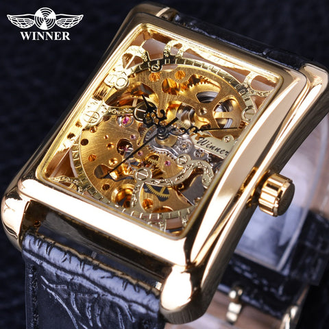 Winner Retro Casual Rectangle Design Golden Skeleton Mechanical Watch