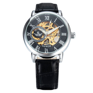 SEWOR Luxury Skeleton Mechanical Watch with Leather Strap