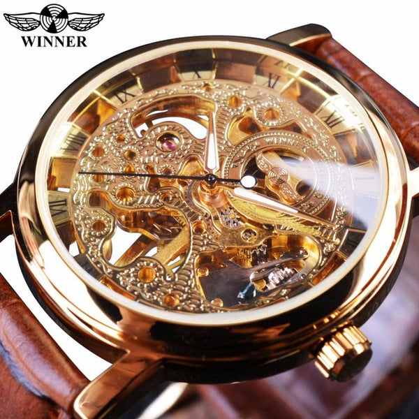 Winner Royal Carving Skeleton Mechanical Watch with Leather Strap