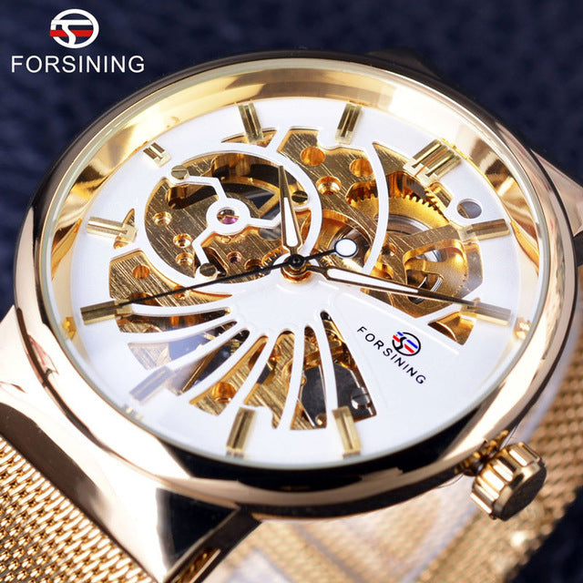 Forsining Casual Neutral Design Silver Steel Transparent Case Mechanical Watch