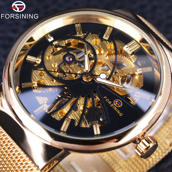 Forsining Casual Neutral Design Silver Steel Transparent Case Mechanical Watch