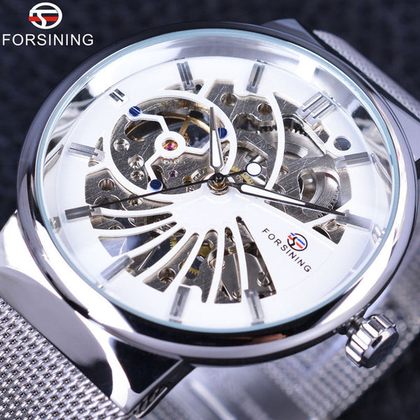 Forsining Casual Neutral Design Silver Steel Transparent Case Mechanical Watch