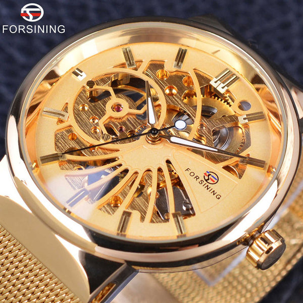 Forsining Casual Neutral Design Silver Steel Transparent Case Mechanical Watch