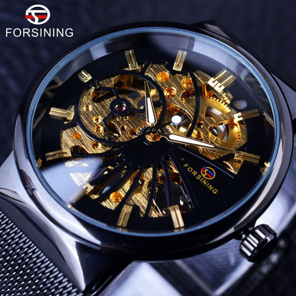 Forsining Casual Neutral Design Silver Steel Transparent Case Mechanical Watch