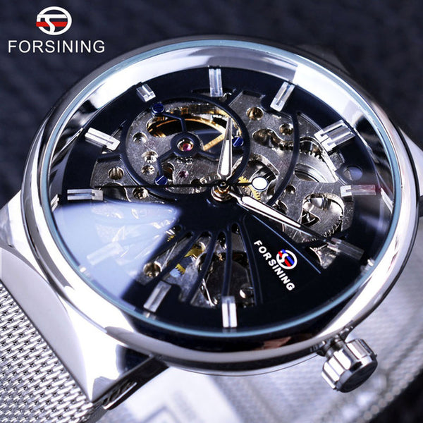 Forsining Casual Neutral Design Silver Steel Transparent Case Mechanical Watch