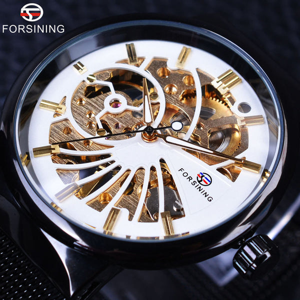 Forsining Casual Neutral Design Silver Steel Transparent Case Mechanical Watch