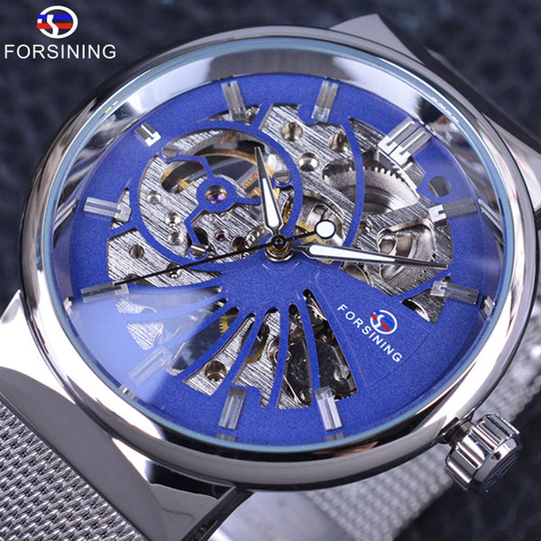 Forsining Casual Neutral Design Silver Steel Transparent Case Mechanical Watch