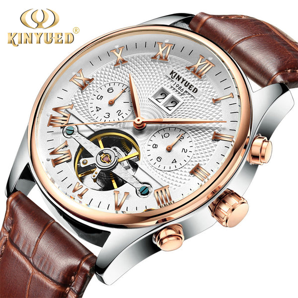 KINYUED Classic Rose Gold Mechanical Watch with Leather Band