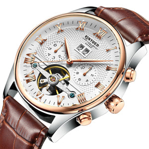 KINYUED Classic Rose Gold Mechanical Watch with Leather Band