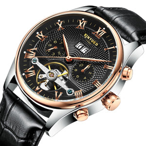 KINYUED Classic Rose Gold Mechanical Watch with Leather Band