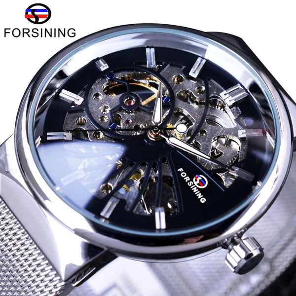 Forsining Casual Neutral Design Silver Steel Transparent Case Mechanical Watch