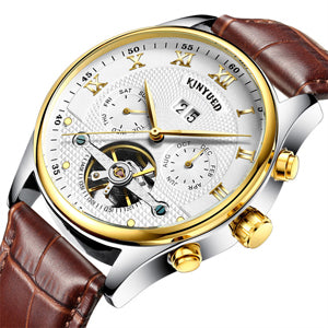 KINYUED Automatic Skeleton Waterproof Mechanical Watch with Leather Strap and Calendar