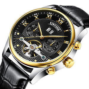 KINYUED Automatic Skeleton Waterproof Mechanical Watch with Leather Strap and Calendar