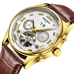 KINYUED Automatic Skeleton Waterproof Mechanical Watch with Leather Strap and Calendar