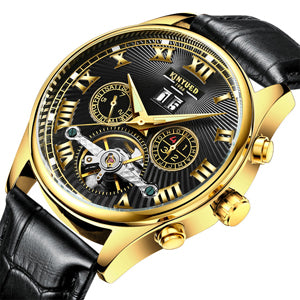 KINYUED Automatic Skeleton Waterproof Mechanical Watch with Leather Strap and Calendar