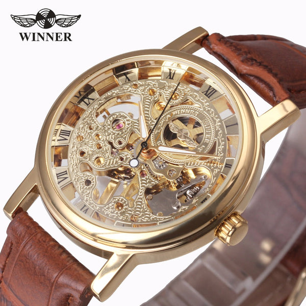 Winner Classic Gold Elegant Mechanical Watch with Leather Strap