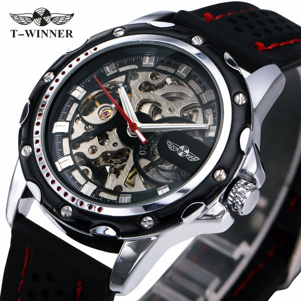 WINNER Military Skeleton Mechanical Watch with Rubber Strap