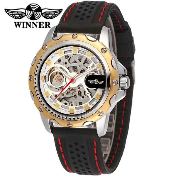 WINNER Military Skeleton Mechanical Watch with Rubber Strap