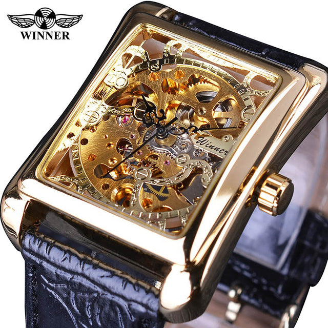 Winner Retro Casual Rectangle Design Golden Skeleton Mechanical Watch