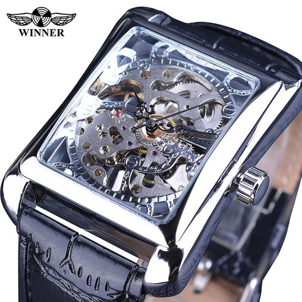 Winner Retro Casual Rectangle Design Golden Skeleton Mechanical Watch