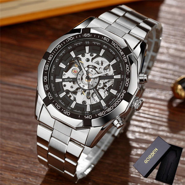 Gorben Skeleton Automatic Mechanical Watch with Stainless Steel Strap