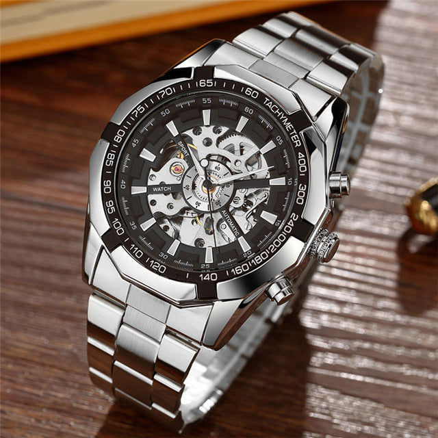 Gorben Skeleton Automatic Mechanical Watch with Stainless Steel Strap