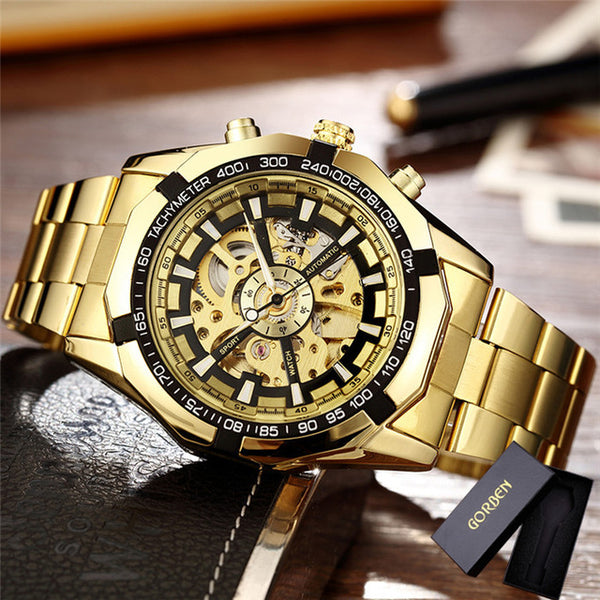 Gorben Skeleton Automatic Mechanical Watch with Stainless Steel Strap