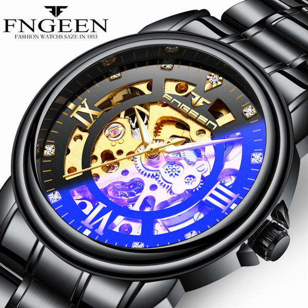 FNGEEN Automatic & Waterproof Mechanical Watch with  Black Hollow Face