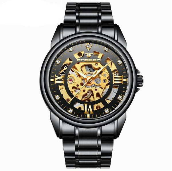 FNGEEN Automatic & Waterproof Mechanical Watch with  Black Hollow Face