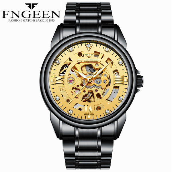 FNGEEN Automatic & Waterproof Mechanical Watch with  Black Hollow Face